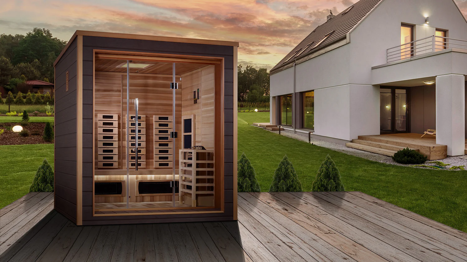 Dynamic Saunas outdoor infrared sauna at sunset - two decades of craftsmanship
